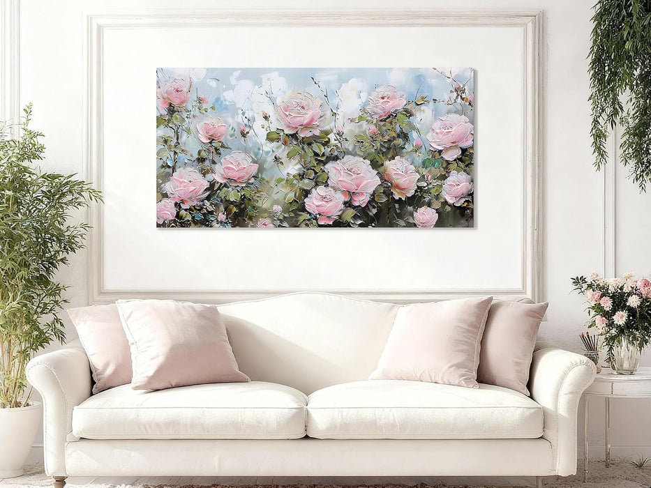 Flower Wall Art Canvas Art Wall Decor, Floral Painting Textured Picture Living Room Pink Rose Artwork Large Framed for Bedroom Kitchen Dining Room Home Office Decor 40"X20"