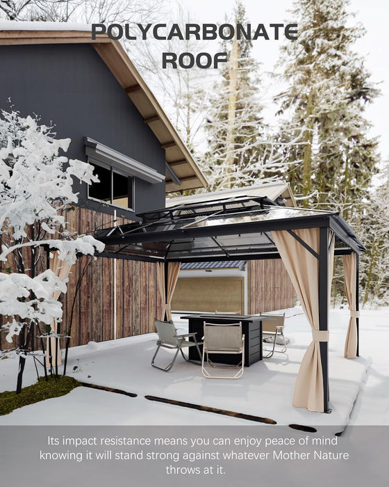 Hard Top Gazebo 12 Ft X16 Ft for All Weather, Double Polycarbonate Sheets Roof, Aluminum Alloy Frame, Net, and Curtain, Permanent Building for Patio, Deck, Backyard, Lawn, and Garden