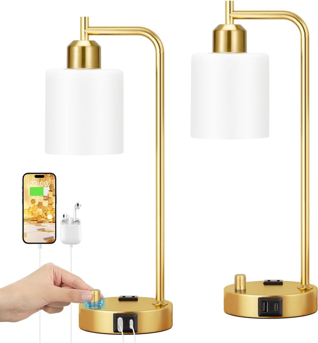 Industrial Table Lamps for Bedroom Set of 2 - Fully Dimmable Bedside Lamps with USB Ports and Outlet, Gold Nightstand Lamps with Opal Glass Shade for Living Room, Desk Lamps for Office Reading