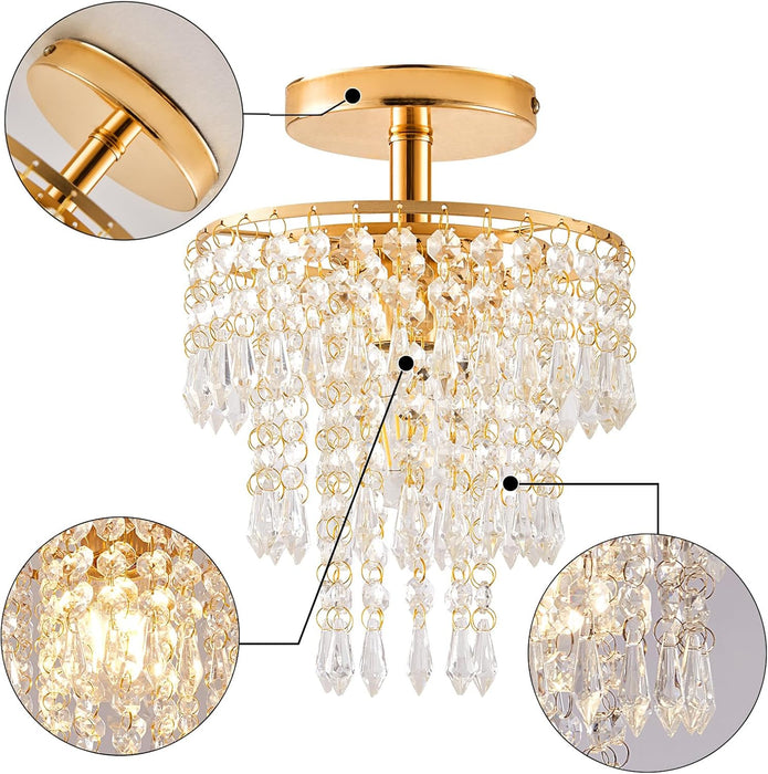 Modern Mini Crystal Chandelier, 3-Tier Raindrops Design Small Chandelier Light Fixture, Flush Mount Ceiling Light Fixture for Bedroom, Hallway, Living Room - E26 Base, Chandelier for Bedroom (Gold)