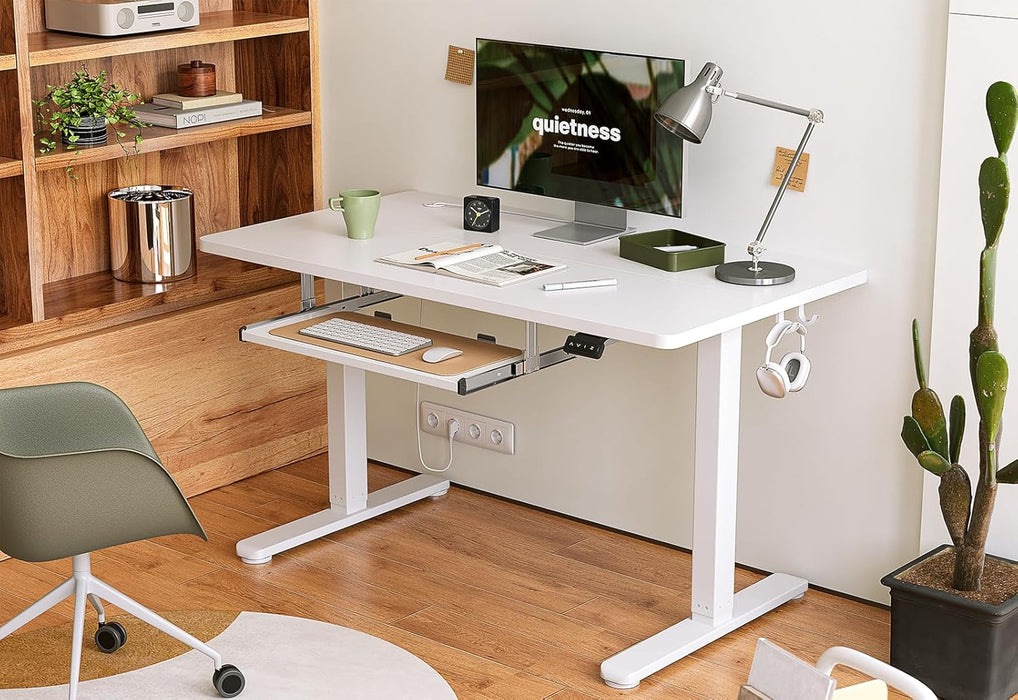Standing Desk with Keyboard Tray, 48 X 24 Inch Adjustable Height Sit Stand Desk with Memory Presets for Home Office, Ergonomic Computer Workstation, White