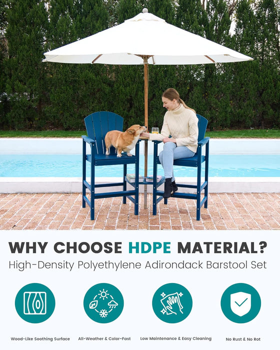 Tall Adirondack Chairs Set of 2 with Double Layer Connecting Tray, HDPE Bar Height Outdoor Chairs, Wood-Like Adirondack Bar Stools for Patio, Balcony, Porch, Blue