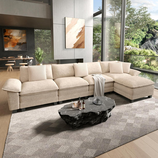 158-Inch L-Shaped Sectional Sofa, Comfy Cloud Couch with 4 Throw Pillows and 1 Ottomans, 5-Seater Modular Sectional Sofa Couches for Living Room, Chenille Beige
