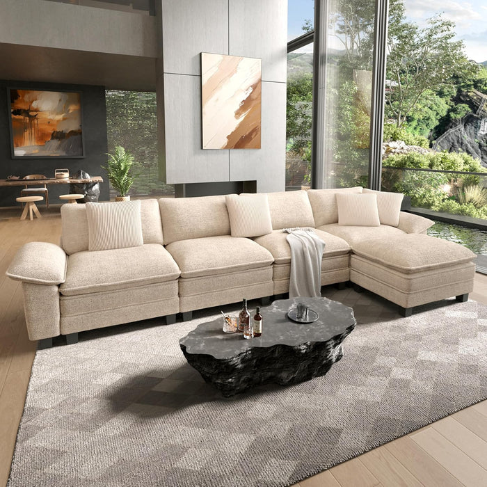 158-Inch L-Shaped Sectional Sofa, Comfy Cloud Couch with 4 Throw Pillows and 1 Ottomans, 5-Seater Modular Sectional Sofa Couches for Living Room, Chenille Beige