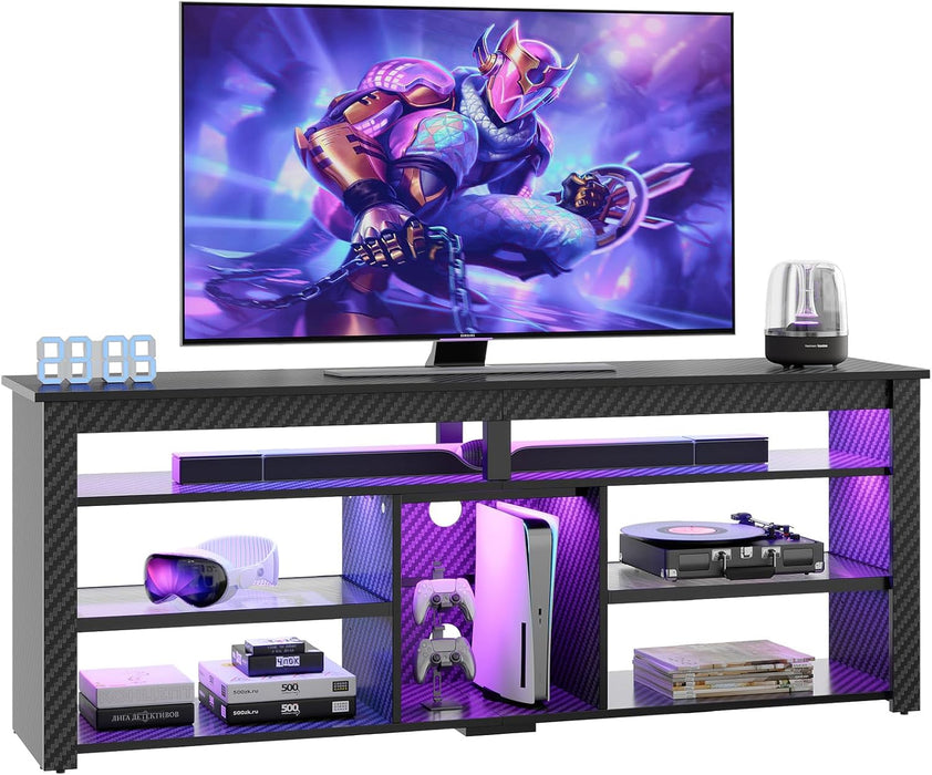 TV Stand for 70 Inch TV, Tall Entertainment Center with 2 Led Lights, Gaming TV Console with Storage for PS5, Modern TV Cabinet for Bedroom, Living Room, Black Carbon Fiber