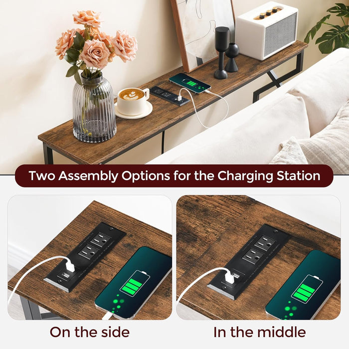 Sofa Console Table, 44.9" Entryway Table with Charging Station, Narrow Couch Table, Hallway Table, Sofa Table with USB Ports, Metal Frame, for Entrance, Living Room, Rustic Brown CTHR113E01