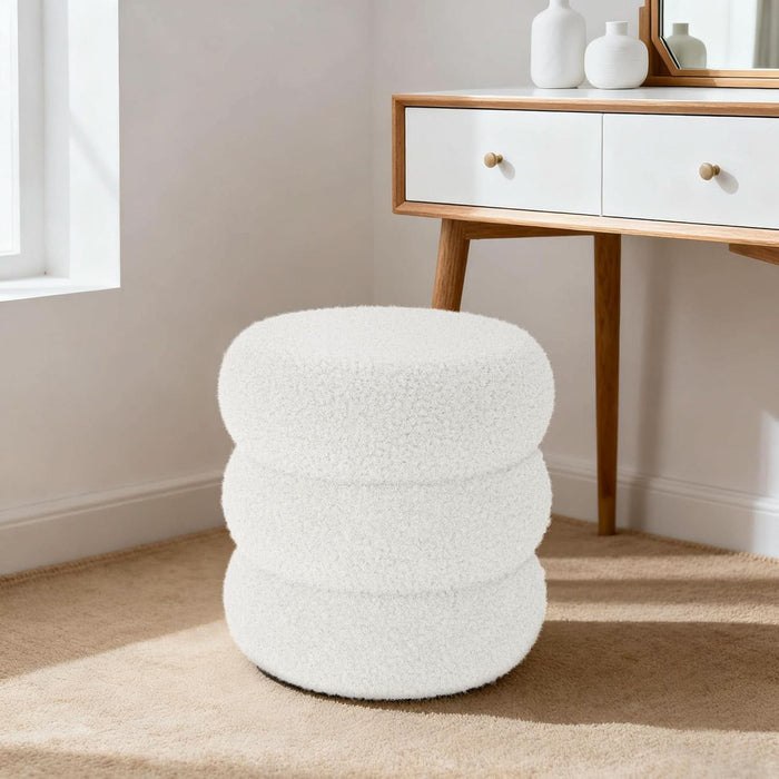 round Ottoman with Storage, Plush Teddy Boucle Footstool for Living Room, Soft Vanity Stool with Hidden Compartment, Circular Foot Rest for Bedroom & Dorm Decor, White