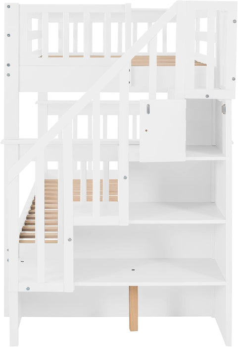 Twin over Twin Bunk Bed with Stairs, Solid Wood Bunk Bed Frame with Storage for Kids Teens Adults Bedroom Dorm - White
