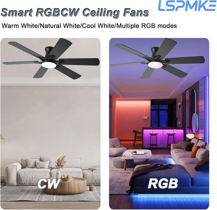 Ceiling Fans with Lights, 52 Inch Low Profile Ceiling Fan with Light and Remote, Flush Mount, Quiet, Reversible, 3CCT, Dimmable, Black RGB Ceiling Fan for Bedroom, Living Room, Indoor/Outdoor