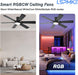Ceiling Fans with Lights, 52 Inch Low Profile Ceiling Fan with Light and Remote, Flush Mount, Quiet, Reversible, 3CCT, Dimmable, Black RGB Ceiling Fan for Bedroom, Living Room, Indoor/Outdoor