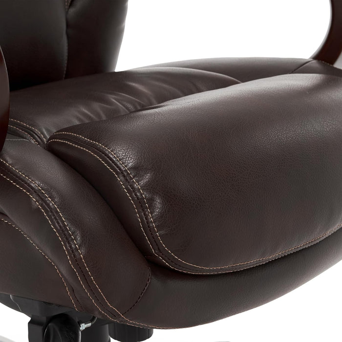 Bellamy Executive Office Chair with Memory Foam Cushions, Solid Wood Arms and Base, Waterfall Seat Edge, Bonded Leather, Brown