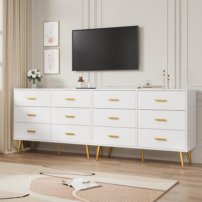 6 Drawer Dresser, Modern Wooden Chest of Drawers with Gold Handles, Deep Drawers for Bedroom, Living Room and Entryway, White