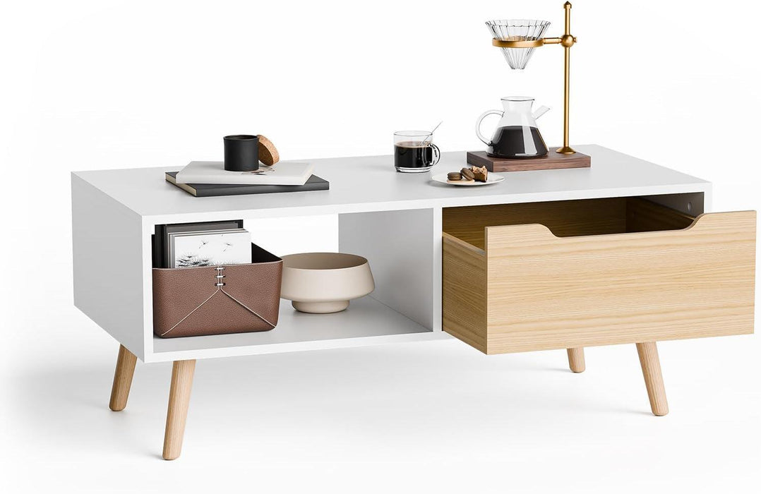 Modern Coffee Table, Wooden Cocktail Table with Storage, Minimalist Hallway Table, Mid Century Modern Coffee Table for Living Room Apartment Reception, White