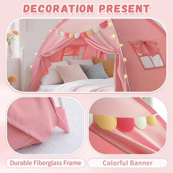 Full Size Bed Canopy for Kids, Girls Bed Tent Dream Privacy Playhouse Floor Sleeping Tents Indoor, Toddler under Bunk Bed Pink Tent with Pennant Banners, Kid House Toys for Birthday