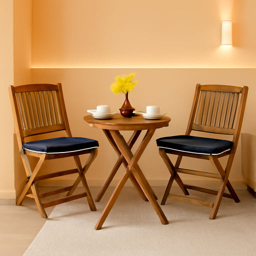3Pcs Patio Bistro Set, Wood Folding Table Set, 2 Cushioned Chairs for Garden Yard, Outdoor Furniture round Table (Natural & Navy Blue)