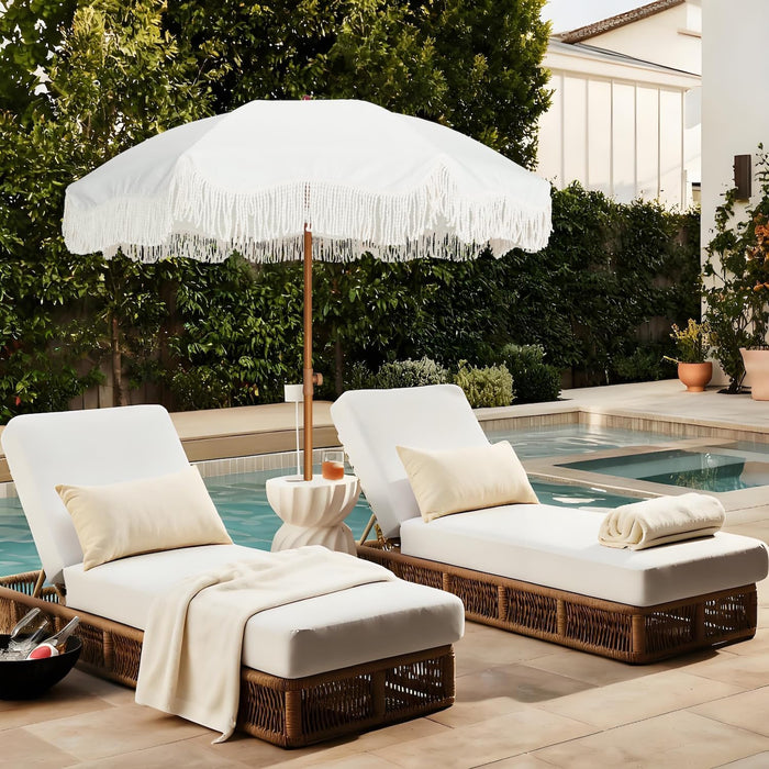 Boho Fringe Umbrella Outdoor Patio, 6.5Ft UPF50+ Picnic Umbrella with Tassels with Steel Pole and Push Button Tilt, Antique White