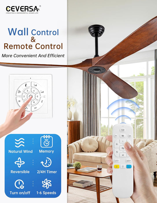 72 Inch Outdoor Ceiling Fan No Light,Solid Wood Ceiling Fans without Lights with Remote Control/Wall Control,Large 3 Blades Walnut Propeller for Patio,Porch,Living Room,Bedroom,Farmhouse