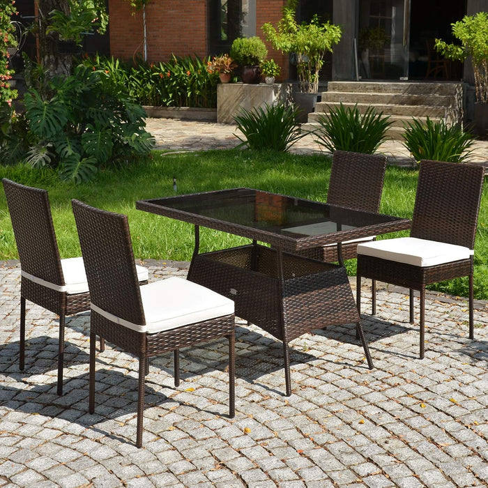 5 Piece Patio Wicker Dining Set, Outdoor Rattan Table and Chairs with W/Tempered Glass Table Top & Padded Cushions, Wicker Patio Conversation Furniture Set for Balcony Patio Garden Poolside