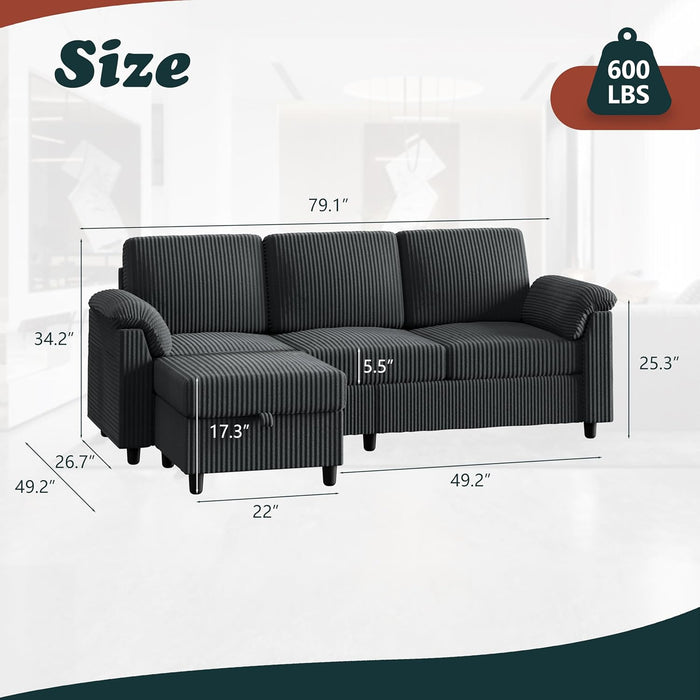 79 Inch Corduroy Upholstered Sectional Sofa Charcoal