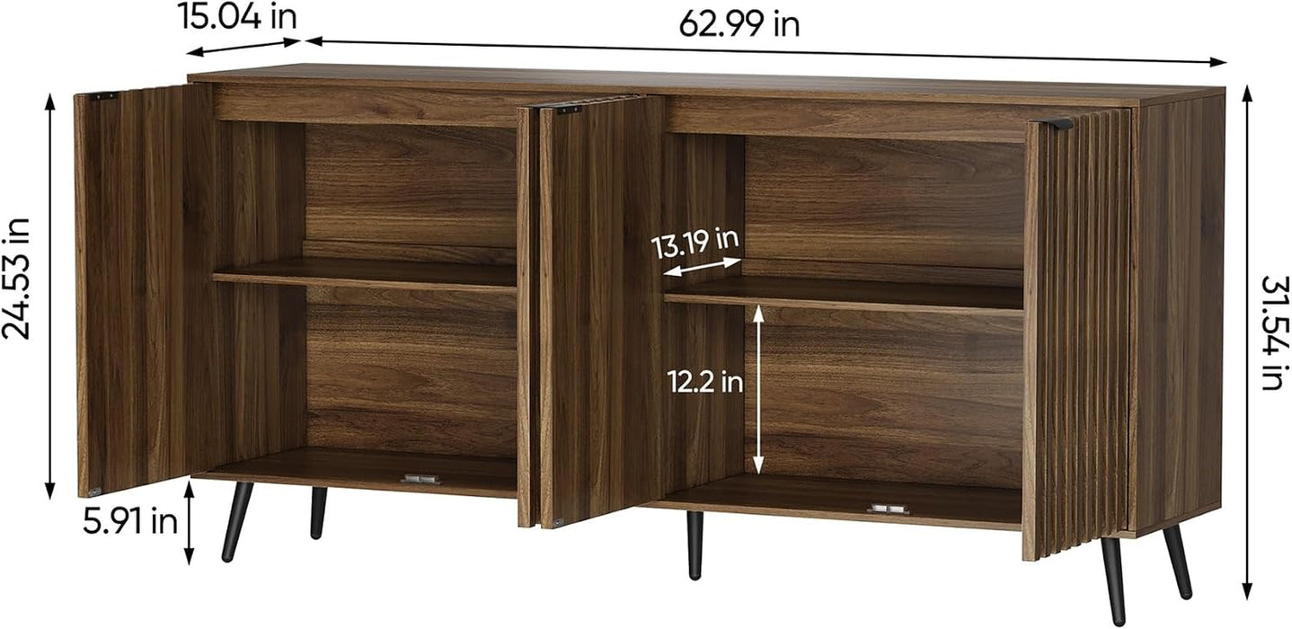 Walnut Buffet Cabinet with Storage, Large Sideboard Cabinet with 4 Fluted Doors and Metal Legs, Storage Cabinet with Adjustable Shelf, Accent Table for Living Room, Dining Room, Kitchen