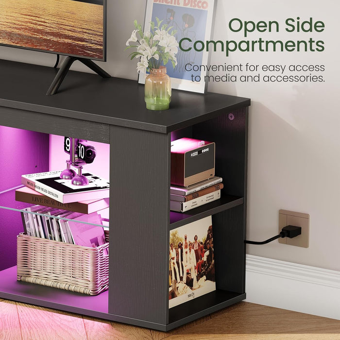 55" TV Stand for up to 65" Tvs with RGB LED Lights, Built-In Power Outlet, Adjustable Glass Shelves & Open Storage, Modern Media Console for Living Room & Game Room, Black MDS05UDBB
