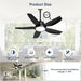 42 Inch Outdoor Ceiling Fan with Lights, IP65 Waterproof, APP & Remote Control, Dimmable 3CCT LED, 6-Speed Quiet DC Motor, Hanging Gazebo Fan Black Plug in Ceiling Fan with Cord for Patios Porch