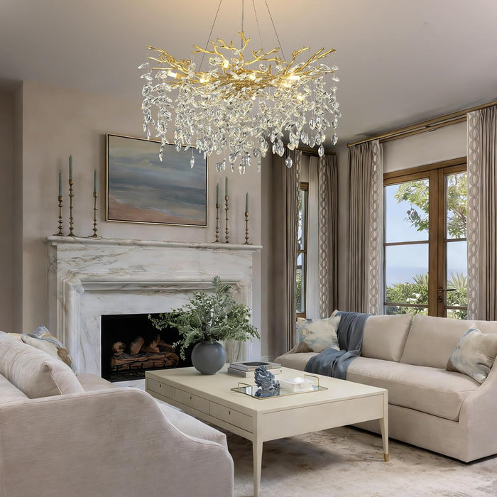 31.5" Tree Branch Chandelier 10-Light Gold Crystal Chandelier