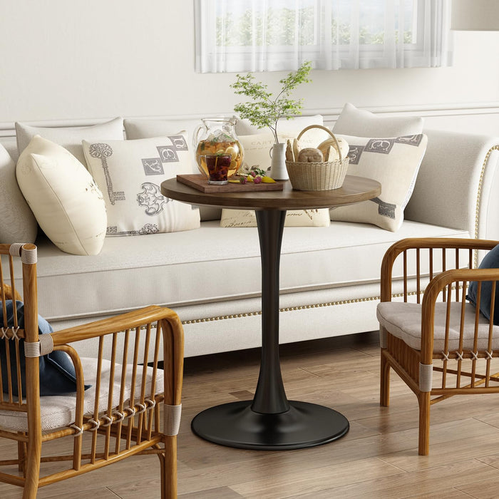 Round Dining Table 24" Circle Tulip Table for 2 People,Walnut | Mid Century Modern Leisure Kitchen Table with Wood Thickened Tabletop Sturdy Metal Pedestal for Small Places Living Room Cafe