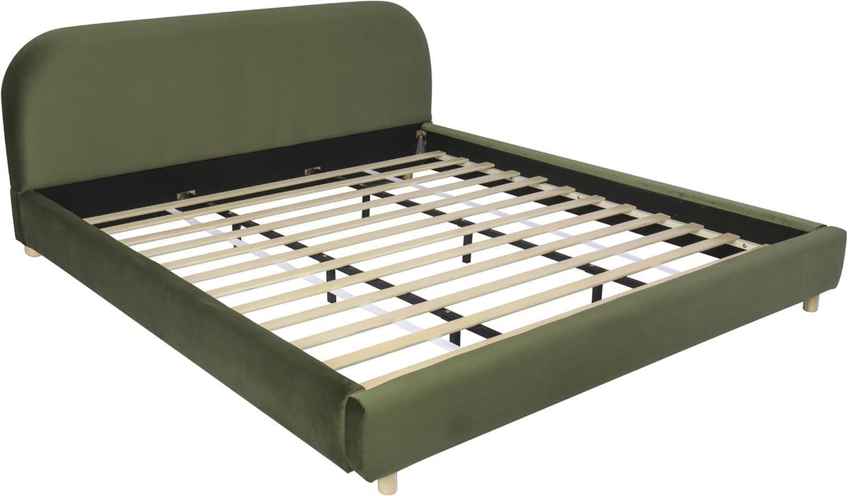 King Size Teddy Fleece Thick Fabric Upholstered Platform Bed with Curved Shaped Headboard, Wood Bed Frame with Solid round Legs for Kids Teens Adults, Olive Green