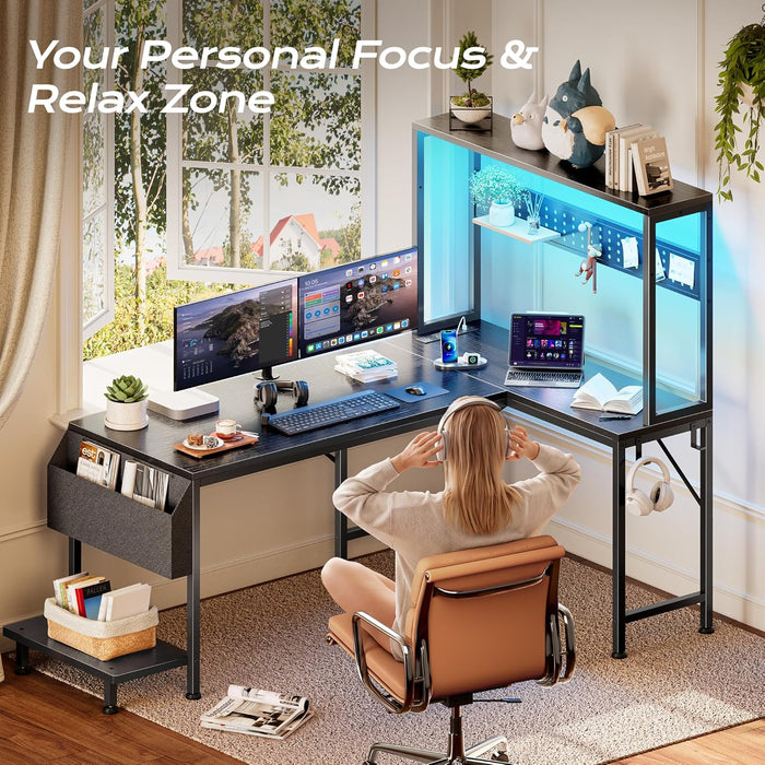 51.2" L Shaped Gaming Desk with Power Outlets & USB-C Port, LED Lights, Computer Desk with Pegboard, Corner Desk with Storage Shelves & Bag, Office Desk with CPU Stand for Home Office, Black