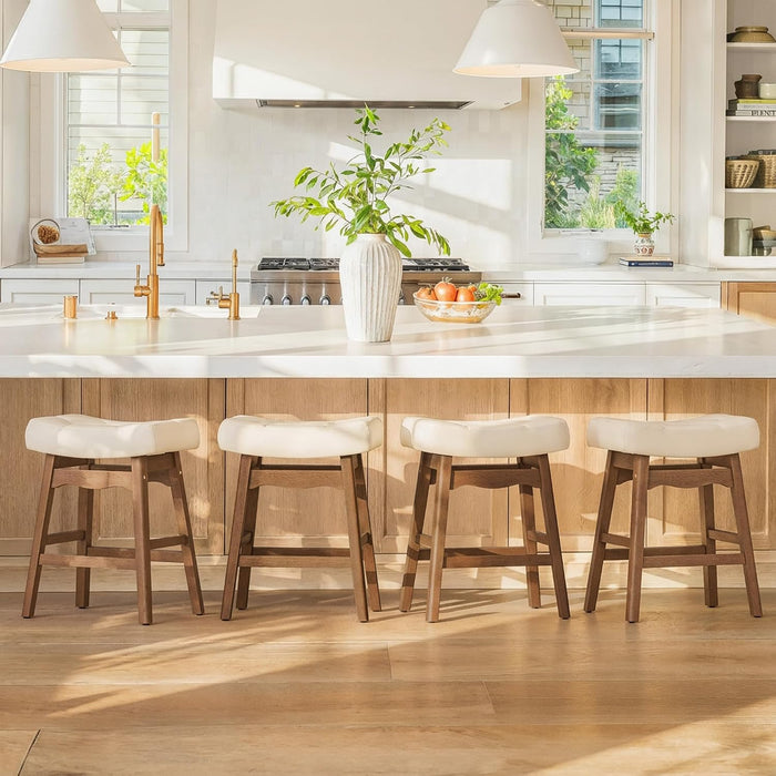 Bar Stools Set of 3, 24" Backless Saddle, Ivory Faux Leather