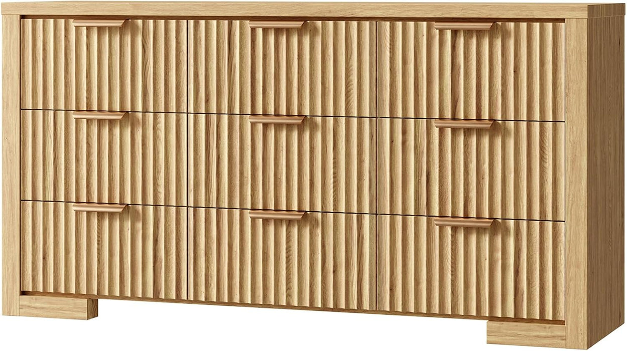 57" W Fluted Dresser with 9 Drawers, Wooden Dresser TV Stand