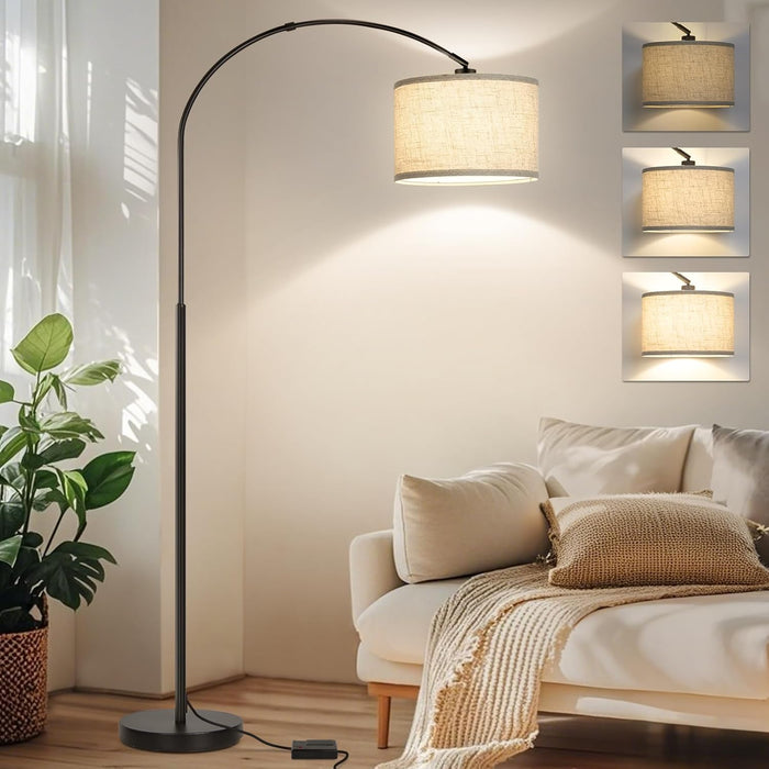 Dimmable Floor Lamp, Arc Floor Lamp with Dimmer, Black Standing Lamp with Adjustable Hanging Shade, over Couch Tall Reading Light, Modern Pole Lamp for Living Room Bedroom, 9W LED Bulb Included