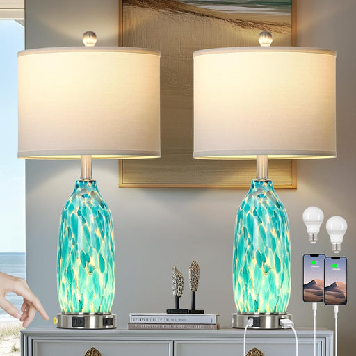 26" Peacock Green Glass Table Lamps Set of 2,Coastal Nautical Bedside Lamps with USB Ports & AC Outlet,Lamparas Elegantes Para Cuarto with Night Light for Bedroom Living Room Decoration
