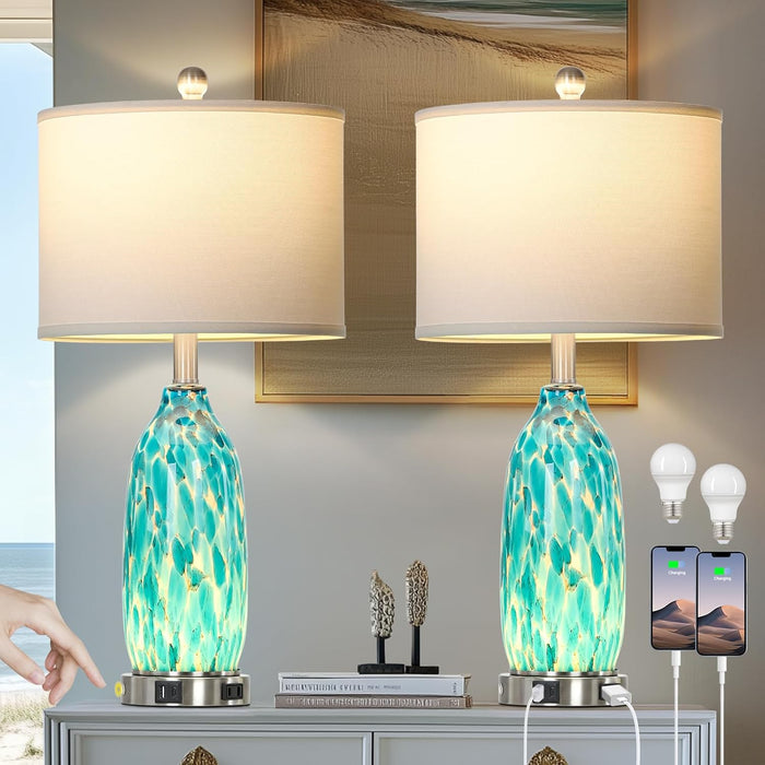 26" Peacock Green Glass Table Lamps Set of 2,Coastal Nautical Bedside Lamps with USB Ports & AC Outlet,Lamparas Elegantes Para Cuarto with Night Light for Bedroom Living Room Decoration