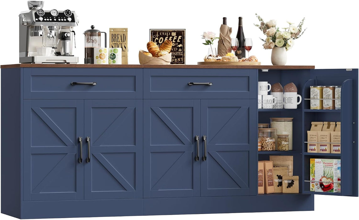 71” Large Sideboard Buffet Cabinet, Farmhouse Coffee Bar Cabinet (Blue)