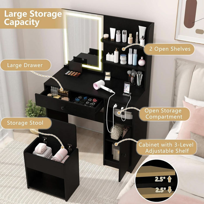 Vanity Desk with Mirror and Lights, Makeup Vanity Table with Charging Station, Storage Stool, Drawer, Cabinet, Shelves, 3 Lighting Modes, Black Modern Makeup Dressing Table for Girls Bedroom
