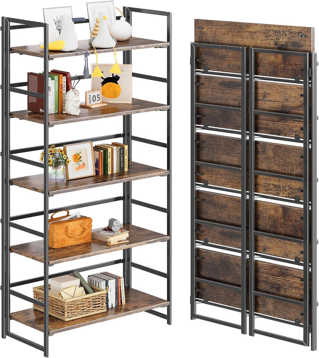No Assembly 5 Tier Collapsible Book Shelves, 51.2" H X 23.6" W Folding Bookshelf Bookcase Open Industrial Foldable Shelf for Bedroom, Living Room, Home Office - Rustic Brown