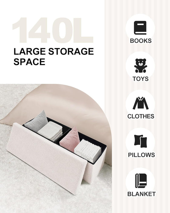 Small Storage Ottoman Cube Sherpa Ottomans Foot Rest, Foldable Boucle Ottoman Bench, Faux Teddy Fur, Cream White 43.3"X15"X15"