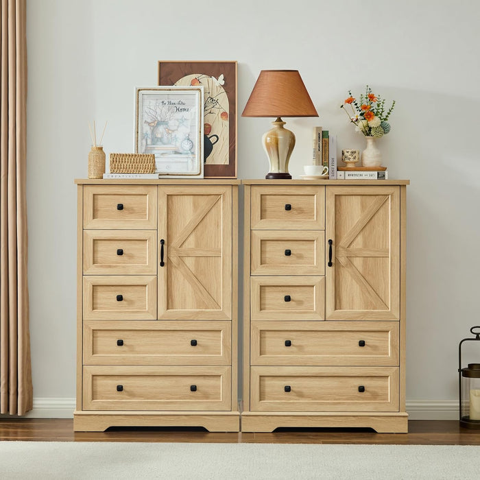 Dresser for Bedroom, Farmhouse Dresser with 5 Wooden Drawers and Storage Cabinet, 48 Inches Tall Chest of Drawers for Bedroom, Natural Oak