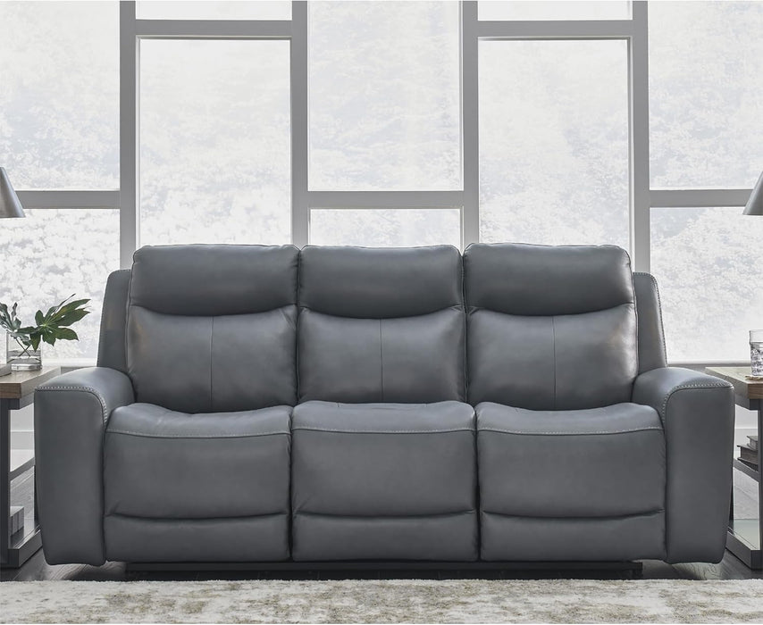 Signature Design by Ashley Mindanao Contemporary Leather Match Upholstered Power Reclining Sofa with Adjustable Headrest and USB Ports, Gray