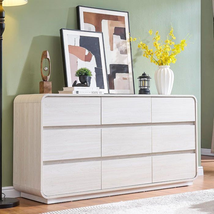 White Dressers of 9 Drawers, Chest Dresser with Deep Drawers, Modern Dresser Closet for Bedroom, Curved Drawer with Large Storage, 57'' Wide