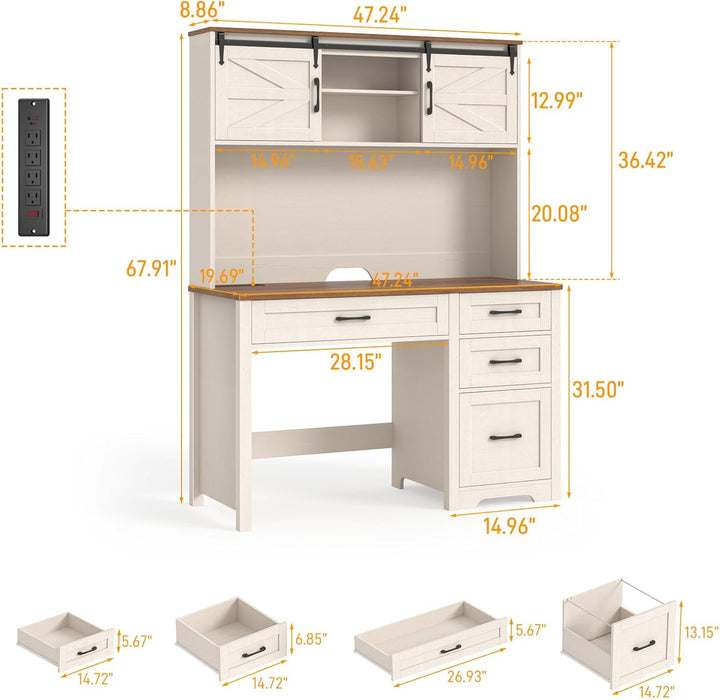 Farmhouse 67" H Executive Desk with Hutch,Computer Desk with Charging Station,Office Table with LED Light and 4 Drawers,File Drawers and Storage Cabinet,Workstation for Home Office.Unique White