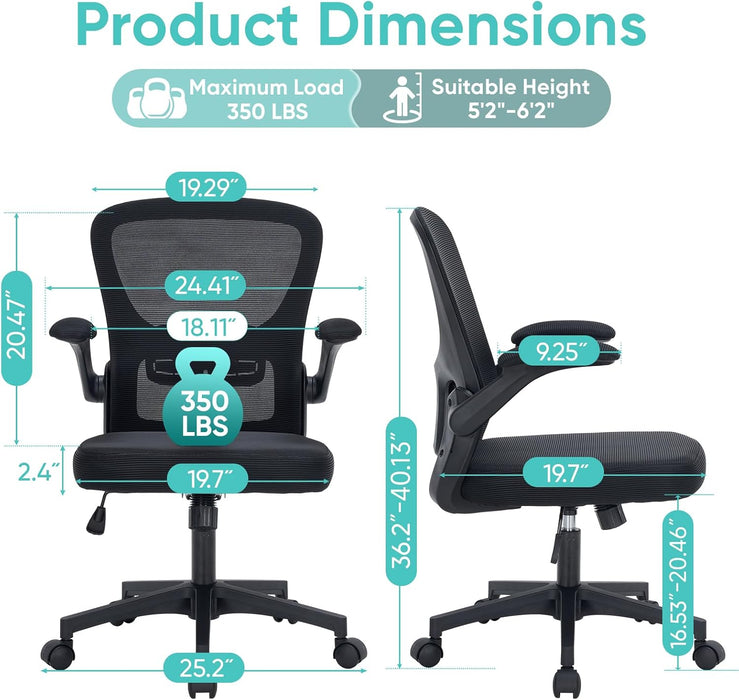 Office Chair, Ergonomic Desk Chair with Adjustable Lumbar Support and Flip up Armrest, Breathable Mesh Computer Chair for Home Office & Rolling Work Swivel Task Chairs
