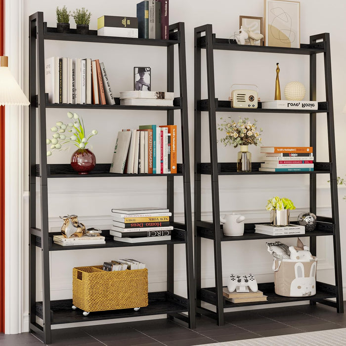 Industrial Bookshelf 5-Tier 31.5 in Wide, Bookcase Ladder Shelf, Storage Shelves Rack Shelf Unit, Accent Furniture Metal Frame, Home Office Furniture for Bathroom, Living Room