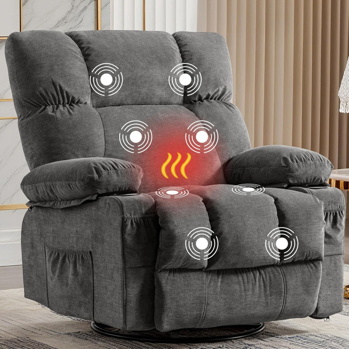 Oversized Recliner Chair with Massage and Heat, 360° Swivel Rocker