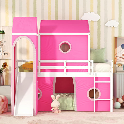 Twin over Twin House Bunk Bed, Kids Playhouse Bed, Solid Wood Bunk Bed Frame with Slide Pink Tent and Tower, for Girls and Boys, Pink