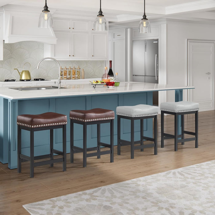 Brown Bar Stools Set of 2, Counter Height Bar Stool, Saddle Barstools, Pu Leather Stools with Metal Frame for Kitchen Island, 918P-BR