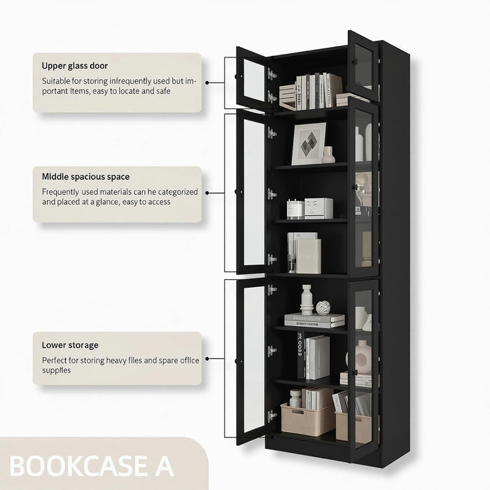 85.5" Modern Bookcase with Glass Doors Set of 4, 7-Tier Tall Wooden Bookshelf with Storage for Home Office, Large Curio Cabinet for Living Room, Office, Bedroom, Family Room (Black, ABBA)