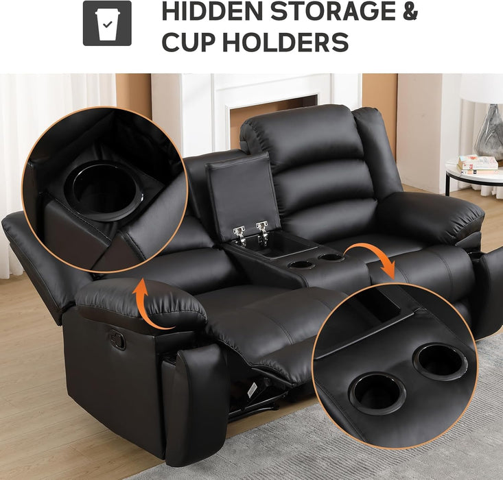 Faux Leather Manual Recliner Sofa Set, Loveseat Reclining Sofa and 3 Seat Recliner Sofa, Couch Set for Living Room, Bedroom, Meeting Room, Black(Loveseat+Sofa)